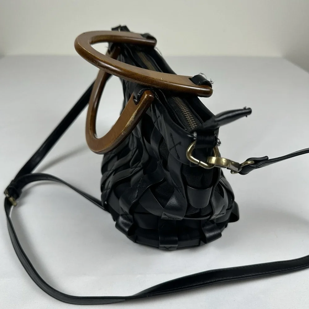 by Anthropologie Black Woven Leather Bag Wood Handle Crossbody Bucket Boho 80s